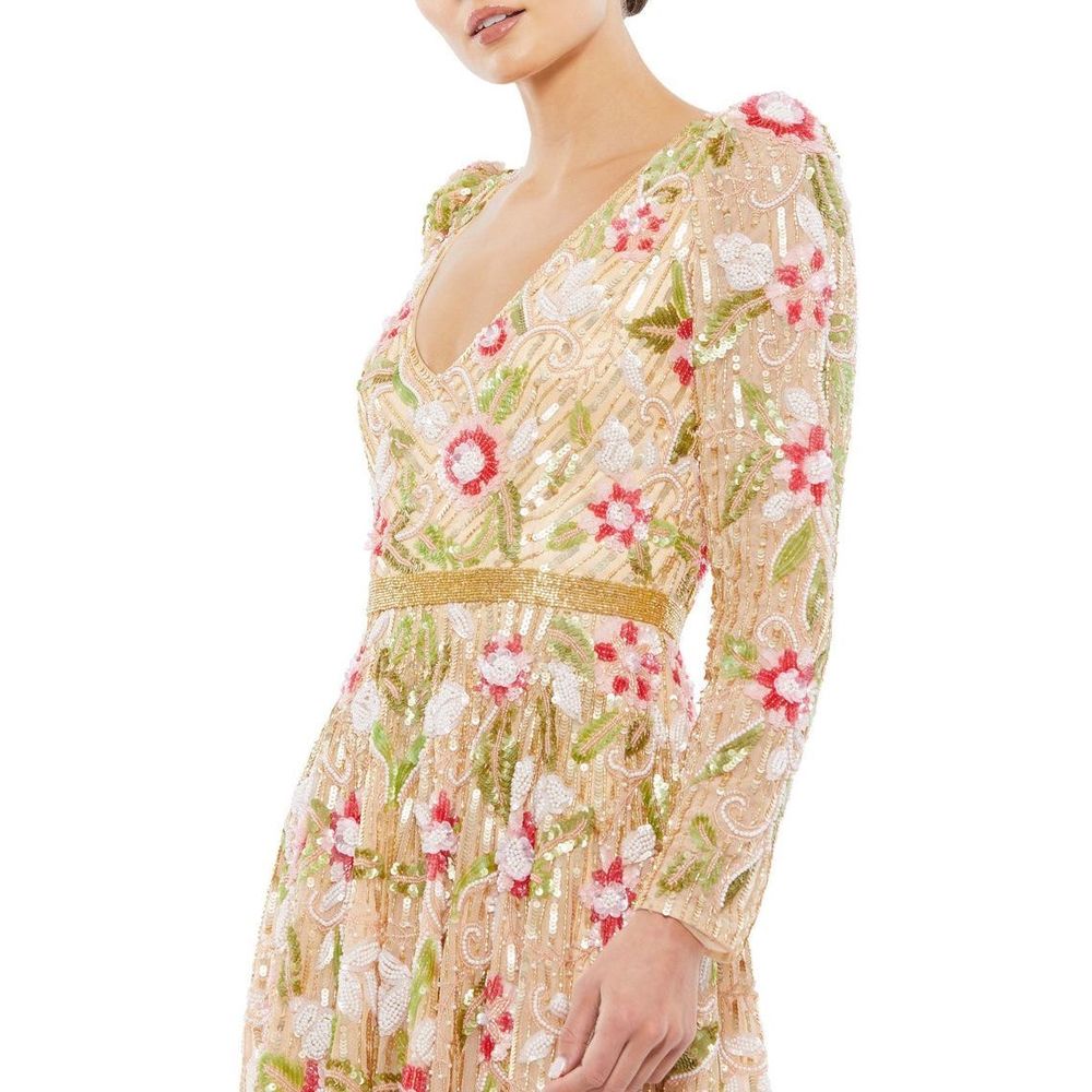 🔥🔥 Mac Duggal Long Sleeve Floral Beaded MIDI Dress Size 14 - Picture 4 of 12